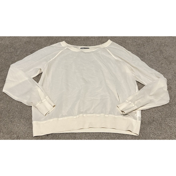 Vince Women XS Blouse Silk Blend Oversize Sheer Boatneck Ribbed Neck Hem Cream - Picture 1 of 9